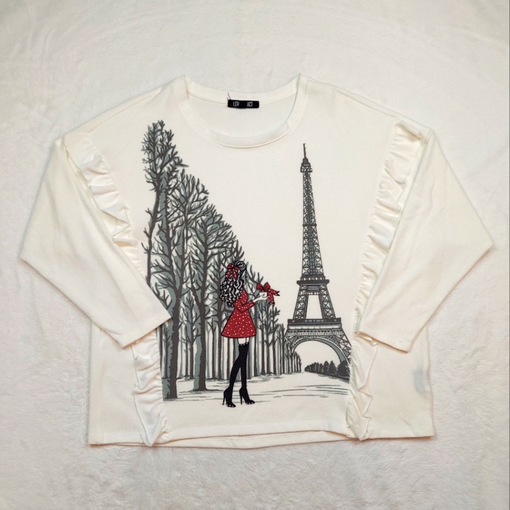 Love + Lace Cream Eiffel Tower & Lady Winter Scene Ruffle Detail Sweatshirt 3X